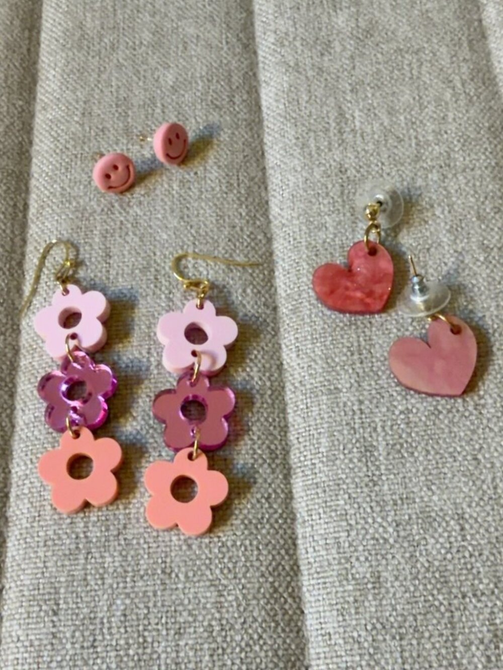 Pink Earrings Bundle | Smiley Face, Flower & Heart Dangles | 3 Pairs